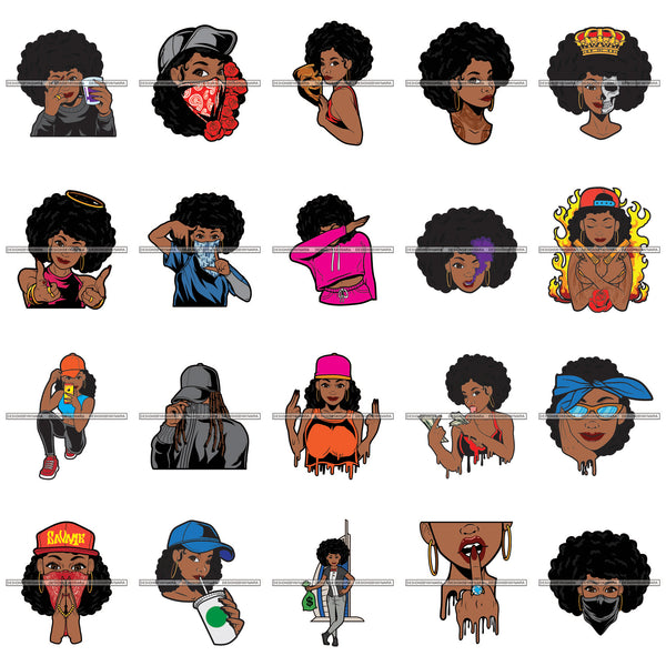 Bundle 20 Afro Gangster Sexy Woman Dripping Queen Skull Face Afro Kinky Hair Woman Dabbing Designs For T-Shirt and Other Products SVG PNG JPG Cutting Files For Silhouette Cricut and More!