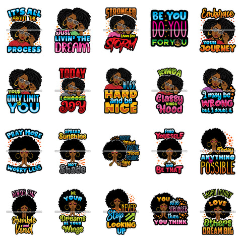 Bundle 20 Positive Quotes Woman With Glasses Praying Melanin Queen Brown Sugar Dope Diva SVG Cut Files For Silhouette Cricut and More!