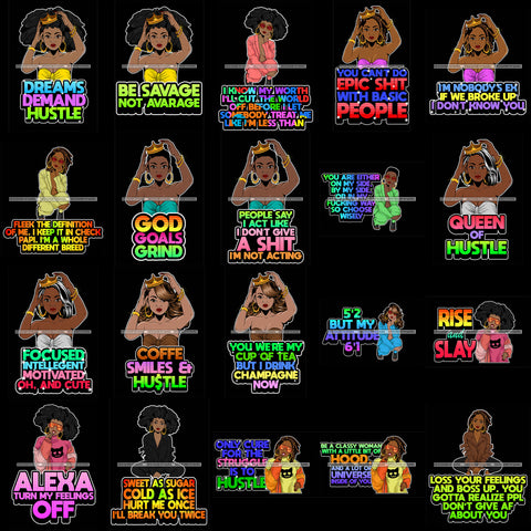 Bundle 20 Afro Lola Hustle Grind Queen Life Quotes Black Background Layer .SVG Cutting Files For Silhouette Cricut and More!
