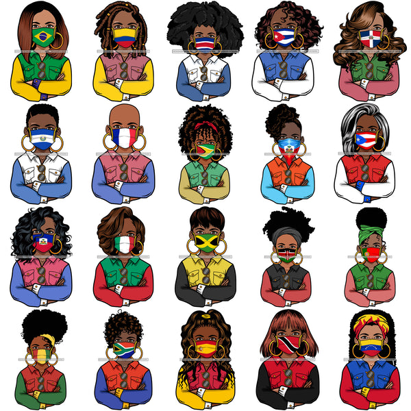Bundle 20 Different Country Afro Divas Wearing Mask Proud Roots Pretty Women Commercial License Included! .SVG Cutting Files For Silhouette and Cricut and More!