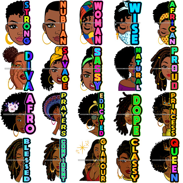 Bundle 20 Wise Strong Nubian Half Face Colorful Quotes Layered SVG Black Girl Magic Melanin Popping Hipster Girls SVG JPG PNG Cutting Files For Silhouette Cricut and More