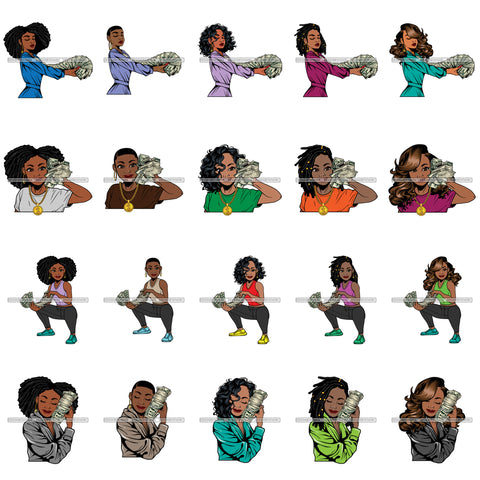 Bundle 20 Afro Gangster Hustler Lola Holding 100 Dollar Bill Showing Up Money Stacks Savage SVG Cutting Files For Silhouette Cricut and More!