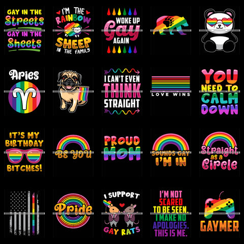 Bundle 20 Pride Month Gay Pride Woke Up Gay Again Funny Quotes Black Background PNG JPG SVG Cutting Files For Silhouette Cricut and More!