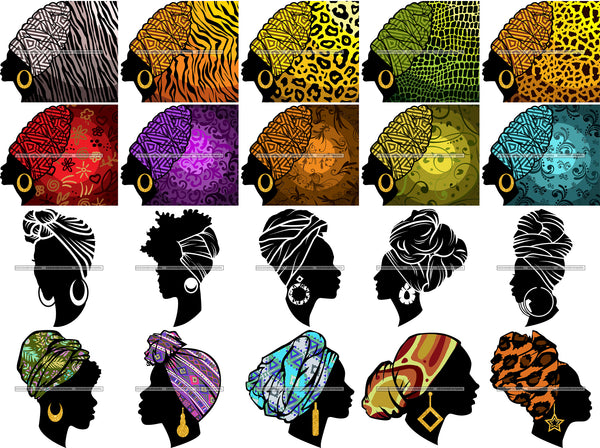 Bundle 20 Afro Woman Silhouette Headband Scarf Headwrap African Pattern Background Black Girl Magic Melanin Nubian SVG JPG PNG Cutting Files For Silhouette Cricut and More