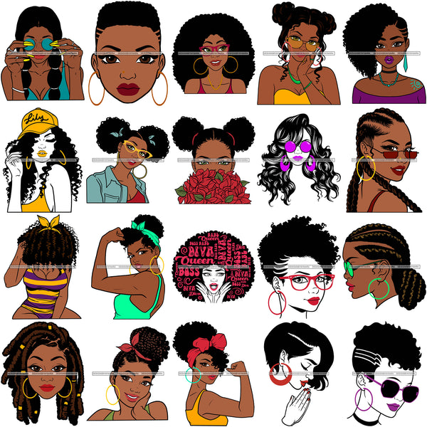 Bundle 20 Afro Woman SVG Hot Selling Designs Black Girl Magic Melanin Popping Hipster Girls SVG JPG PNG Layered Cutting Files For Silhouette Cricut and More