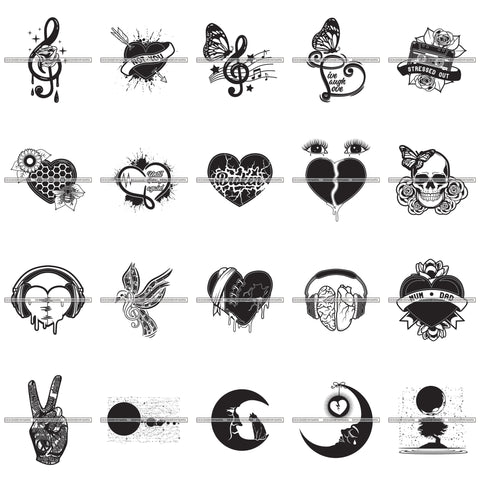 Bundle 20 Mix Elements tattoos Ideas Broken Heart Music Notes Designs For T-Shirt and Other Products SVG PNG JPG Cutting Files For Silhouette Cricut and More!