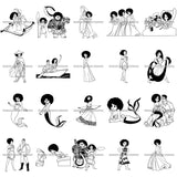 Bundle 20 Black Princess Long Dress Afro Hairstyle Cartoon Illustration Hero's Fantasy Animation Fairy Black Figure Designs For T-Shirt and Other Products SVG PNG JPG Cutting Files For Silhouette Cricut and More!