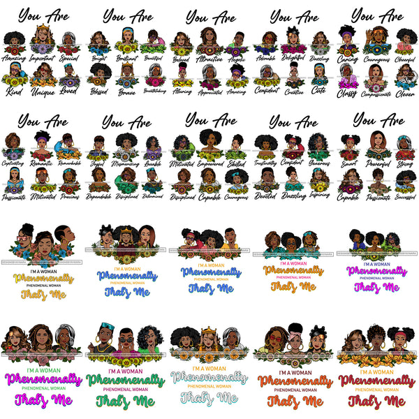 Bundle 20 Designs You Are Woman Best Qualities Melanin Nubian Unique African American Graphics SVG PNG JPG Cutting Files Silhouette Cricut and More