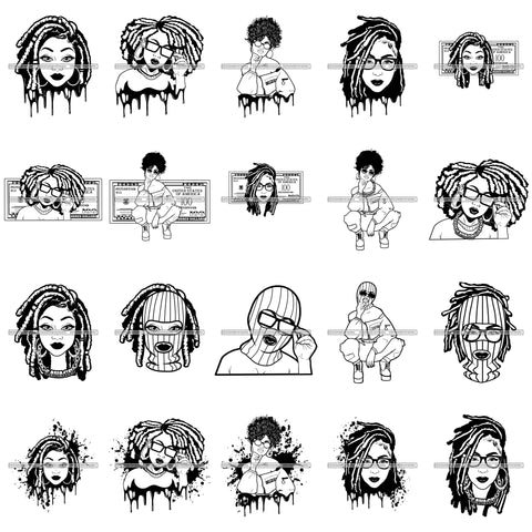 Bundle 20 Afro Woman Dripping Money Hustler Savage Chain Ski Mask Gangster Melanin SVG JPG PNG Cutting Files For Silhouette Cricut and More