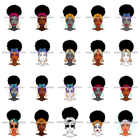 Bundle 20 African American Black Woman Afro Messy Bun Headband Bamboo Earrings Nubian Melanin PNG JPG Cutting Files