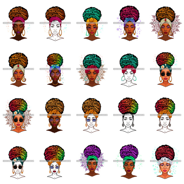 Bundle 20 Hair Quotes African American Black Woman Afro Messy Bun Headband Bamboo Earrings Nubian Melanin PNG JPG Cutting Files