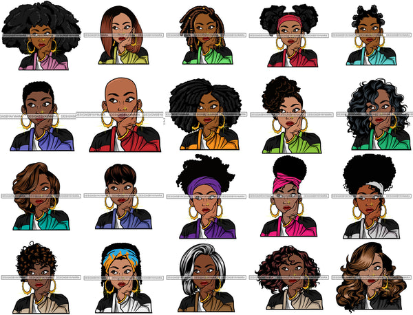 Bundle 20 Afro Lola Thinking Looking Worried Beautiful Black Woman Face SVG Cutting Files For Silhouette Cricut and More