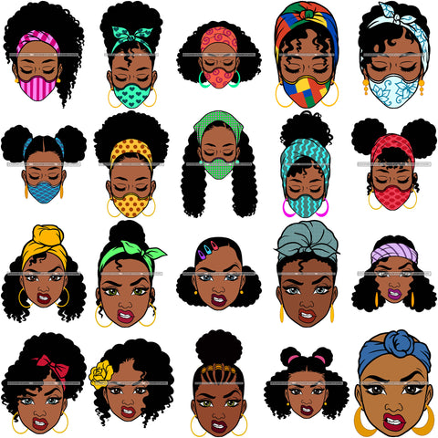 Bundle 20 Afro Woman SVG Wearing Mask Mean Face Hot Selling Designs Black Girl Magic Melanin Popping Hipster Girls SVG JPG PNG Layered Cutting Files For Silhouette Cricut and More