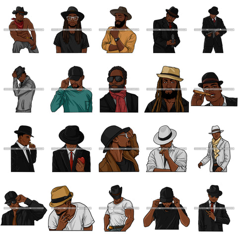 Bundle 9 Afro Black Man Fedora Hat Handsome Bearded Men Fashion Melanin African American Male PNG JPG SVG Cutting Files For Silhouette Cricut and More!