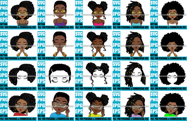 Bundle 20 Afro Hairstyle Cute Lili Big Eyes Cool Glasses Girl With Tattoo Designs For Commercial And Personal Use Black Girl Woman Nubian Queen Melanin SVG Cutting Files For Silhouette Cricut and More