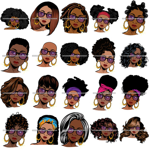 Bundle 20 Afro Woman Lola Face Wearing Glasses Queen Nubian Melanin SVG Cutting Files For Silhouette Cricut and More