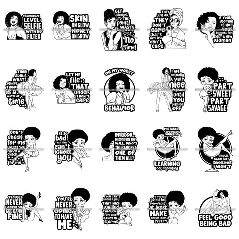 Bundle 20 Sassy Sarcastic Savage Life Quotes Afro Sensual Woman Melanin Nubian SVG PNG JPG Cutting Files For Silhouette Cricut More