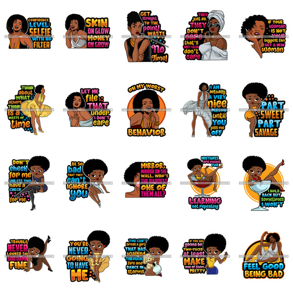 Bundle 20 Sassy Sarcastic Savage Life Quotes Afro Sensual Woman Melanin Nubian SVG PNG JPG Cutting Files For Silhouette Cricut More