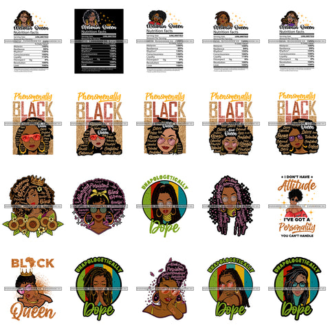 Bundle 20 Afro Black Women Phenomenally Black Melanin Queen Nutrition Facts Unapologetically Dope Quotes Diva Layered SVG Cut Files For Silhouette Cricut and More!