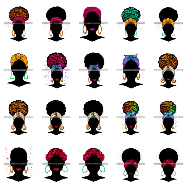 Bundle 20 Afro African American Woman Silhouette Afro Messy Bun Headband Bamboo Earrings Nubian Melanin PNG JPG Cutting Files