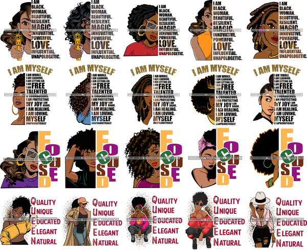 Bundle 20 Afro Black Woman I'm Myself Focused Educated Quotes Diva Layered SVG Cut Files For Silhouette Cricut and More!