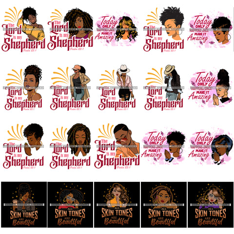 Bundle 20 Designs The Lord Is My Shepherd Quotes Afro Woman Melanin Nubian Unique African American Graphics SVG PNG JPG Cutting Files Silhouette Cricut