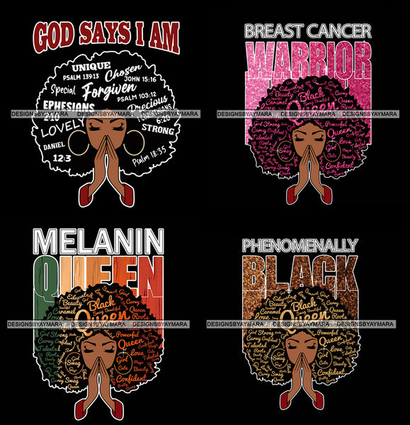Bundle 4 Afro Woman Praying God Says I'm Phenomenally Black Breast Cancer Warrior  Melanin Queen SVG Files For Cutting and More!