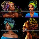 Bundle 4 Afro Woman Wearing Turban Quotes Passionate Talented Black Girl Magic Unique Designs JPG PNG Clipart Artwork