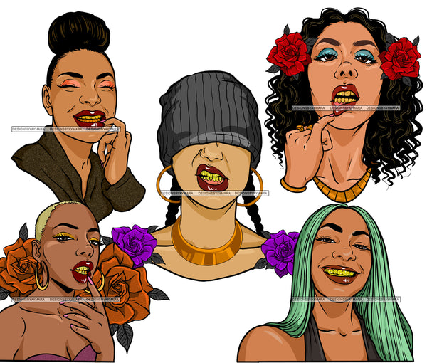 Bundle 5 Gangster Woman Gold Teeth Grill Gettho Hipster Fashion Black Girl Magic Melanin Popping Nubian Queen Bad Ass Women JPG PNG Clipart