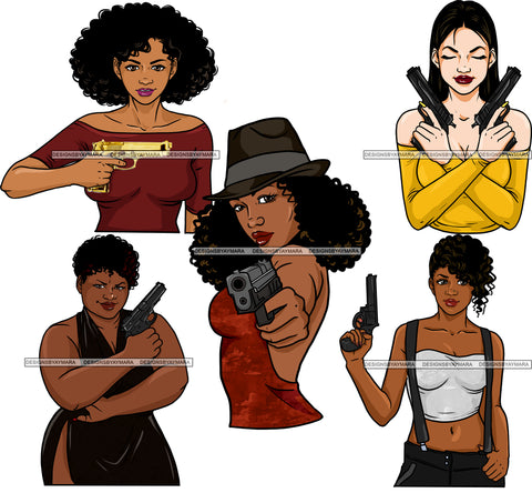 Bundle 5 Gangster Woman Caring Hand Gun Melanin Nubian Weapon Self Defense Danger Bad Ass Girl Shooting Snipe Targeting JPG PNG Clipart