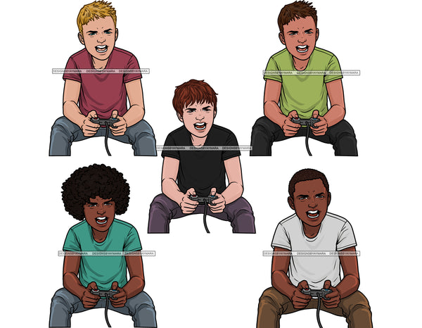 Bundle 5 Kids Teenage Young Boys Male Playing Video Games Control Remote Gaming Game PNG JPG Files For Silhouette Cricut and More