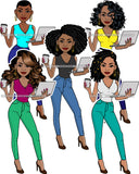 Bundle 5 Afro Lola Holding Coffee Cup Caring Computer Laptop Business Woman Entrepreneur Lady Nubian Queen Melanin Popping SVG Cutting Files For Silhouette Cricut and More