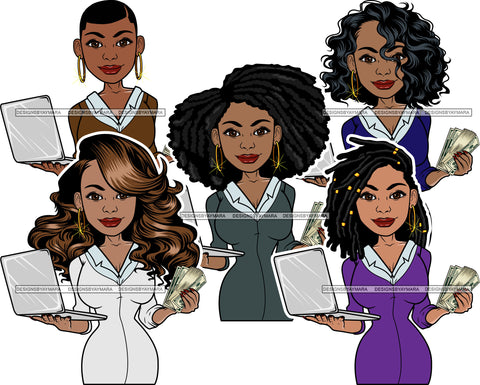 Bundle 5 Afro Lola Holding Money 100$ Bill Caring Computer Laptop Business Woman Entrepreneur Lady Nubian Queen Melanin Popping SVG Cutting Files For Silhouette Cricut and More