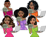 Bundle 5 Afro Lola Holding Money Laptop Business Woman Entrepreneur Lady Nubian Queen Melanin Popping SVG Cutting Files For Silhouette Cricut and More