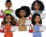 Bundle 5 Afro Lola Holding Purse Caring Computer Laptop Business Woman Entrepreneur Lady Nubian Queen Melanin Popping SVG Cutting Files For Silhouette Cricut and More