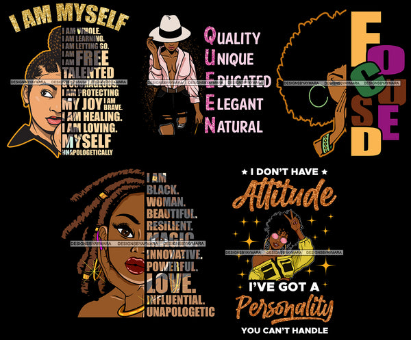 Bundle 5 Afro Black Women Phenomenally Black Melanin Queen Nutrition Facts Unapologetically Dope Quotes Diva Layered SVG Cut Files For Silhouette Cricut and More!