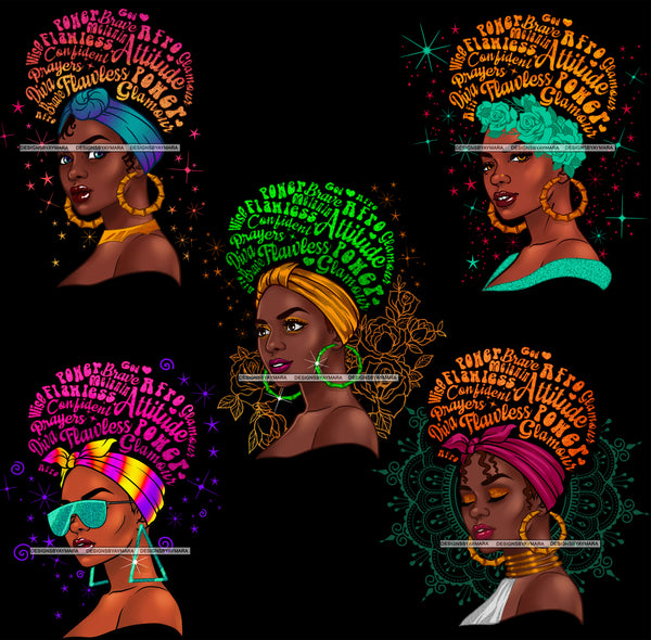 Bundle 5 Afro Woman Messy Bun Puff Brave Flawless Attitude Power Hair Quotes Black Girl Magic Melanin Popping Nubian Queen JPG PNG Clipart