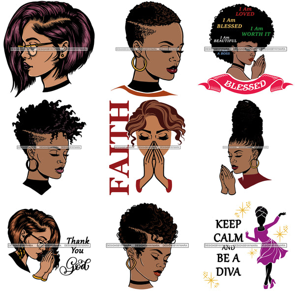 Bundle 9 Afro Woman Diva Glamour Goddess Dark Skin Color SVG Cutting Files For Silhouette Cricut and More!