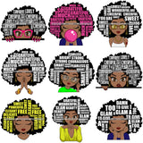 Bundle 9 Afro Woman SVG Hair Quotes Black Girl Magic Melanin Popping Hipster Girls SVG JPG PNG Layered Cutting Files For Silhouette Cricut and More