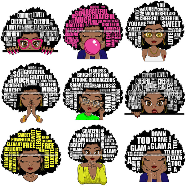 Bundle 9 Afro Woman SVG Hair Quotes Black Girl Magic Melanin Popping Hipster Girls SVG JPG PNG Layered Cutting Files For Silhouette Cricut and More