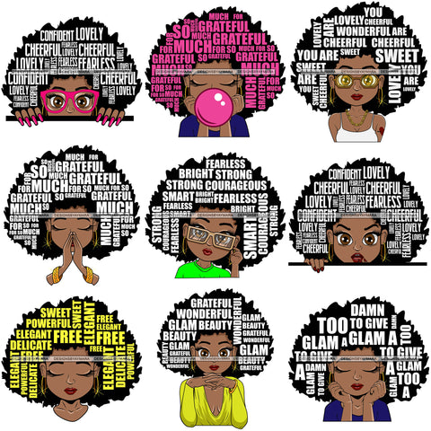 Bundle 9 Afro Woman SVG Hair Quotes Black Girl Magic Melanin Popping Hipster Girls SVG JPG PNG Layered Cutting Files For Silhouette Cricut and More