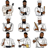 Bundle 9 Black Man Chef Bearded Hipster Culinary Professional Cuisine Gourmet Restaurant Cooking Food Kitchen Cook SVG Files For Cutting