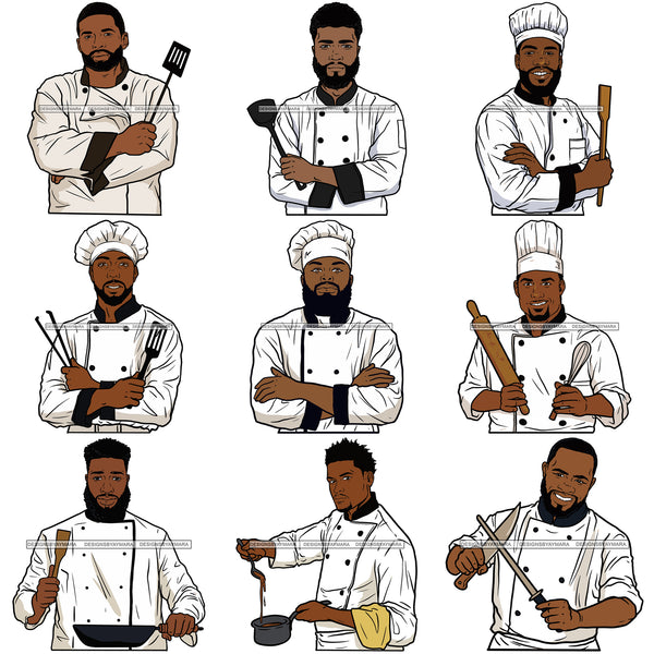 Bundle 9 Black Man Chef Bearded Hipster Culinary Professional Cuisine Gourmet Restaurant Cooking Food Kitchen Cook SVG Files For Cutting