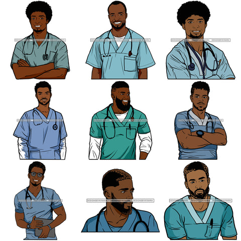 Bundle 9 Afro Handsome Bearded Nurse Man Hospital Health Doctor Medical Stethoscope SVG Files For Cutting