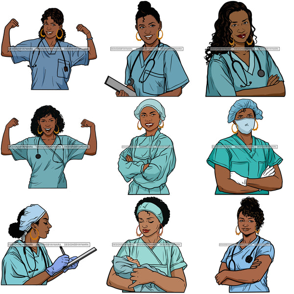 Bundle 9 Afro Female Nurse Medical Doctor Hospital Woman Health Healthcare Clinic  SVG Cutting Files For Silhouette and Cricut