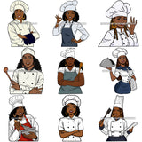 Bundle 9 Chef Afro Woman Culinary Cooking Food Kitchen Cook Professional Cuisine Uniform Profession Business SVG Cutting Files For Silhouette and Cricut