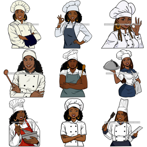 Bundle 9 Chef Afro Woman Culinary Cooking Food Kitchen Cook Professional Cuisine Uniform Profession Business SVG Cutting Files For Silhouette and Cricut