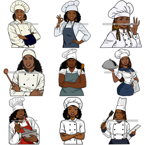 Bundle 9 Chef Afro Woman Culinary Cooking Food Kitchen Cook Professional Cuisine Uniform Profession Business SVG Cutting Files For Silhouette and Cricut