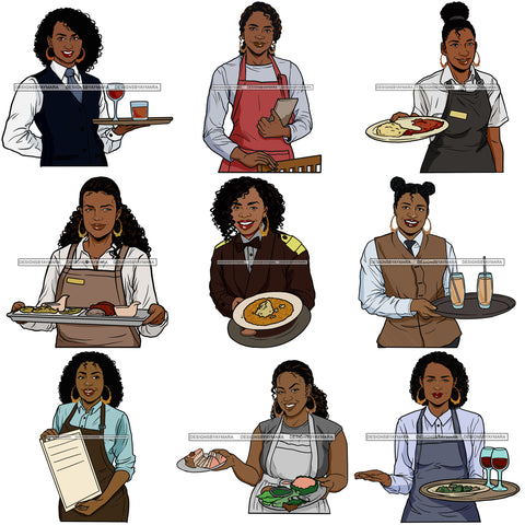 Bundle 9 Waitress Afro Woman Cafe Restaurant Female Service Serve Order Occupation Apron Waiter Customer Business SVG Cutting Files For Silhouette and Cricut