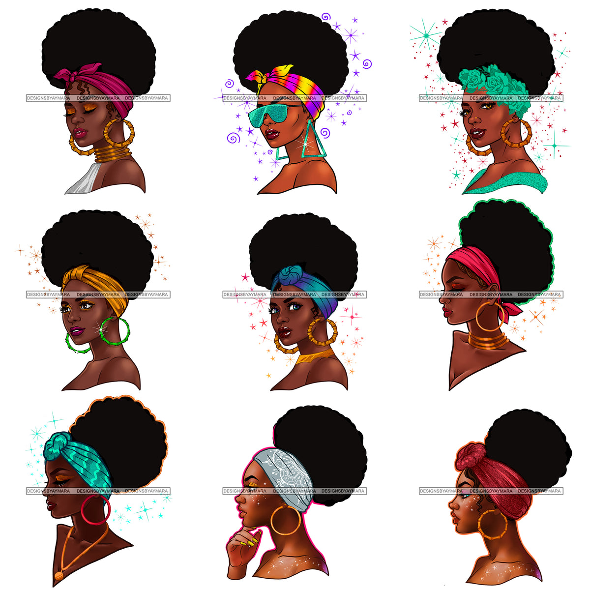 Bundle 9 African American Black Woman Afro Messy Bun Headband Bamboo E ...